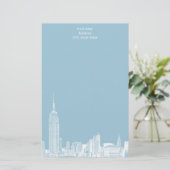 White NYC Skyline Etch 01 Stationery Lt Blue BG Briefpapier (Stehend Vorderseite)