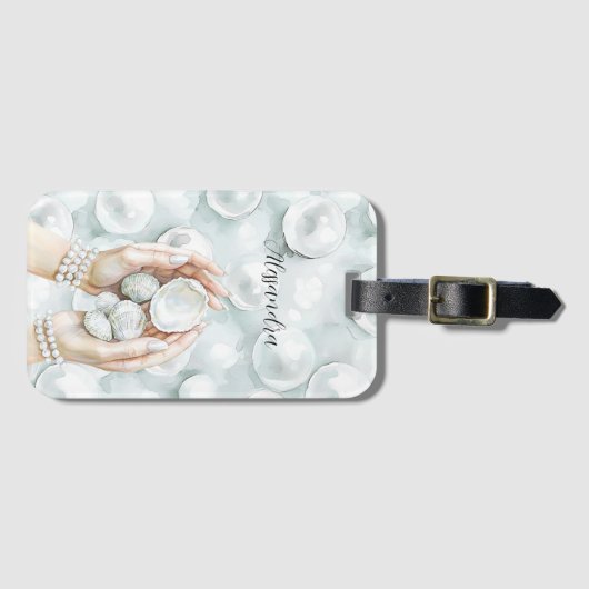 White Ocean Seafoam Blue Shells Pearls Gepäckanhänger (Vorderseite (Horizontal))