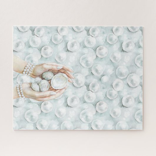 White Ocean Seafoam Blue Shells Pearls Puzzle (Horizontal)