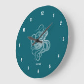 White octopus on custom turquoise background monog große wanduhr (Winkel)