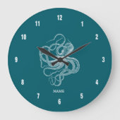 White octopus on custom turquoise background monog große wanduhr (Vorderseite)