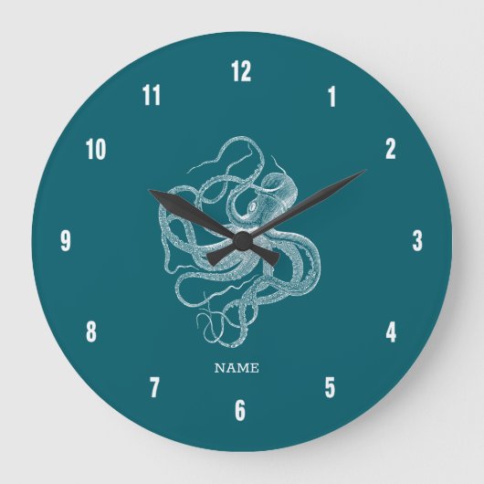 White octopus on custom turquoise background monog große wanduhr (Vorderseite)
