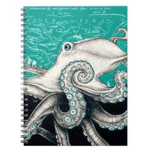 White Octopus Vintag Map Aquamarin Notizblock