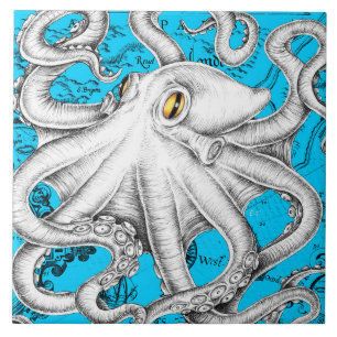 White Octopus Vintag Map Blue Fliese