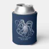 White octopus with a custom navy blue text dosenkühler (Kanne Vorderseite)