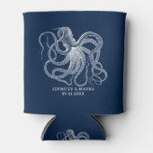 White octopus with a custom navy blue text dosenkühler (Vorderseite)