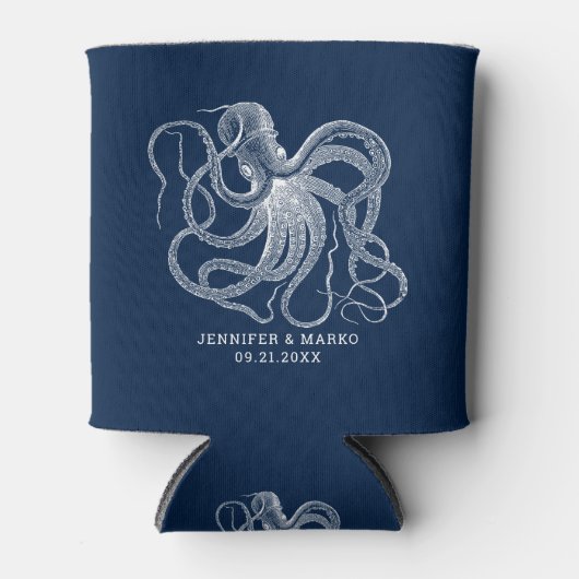 White octopus with a custom navy blue text dosenkühler (Vorderseite)