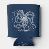 White octopus with a custom navy blue text dosenkühler (Rückseite)