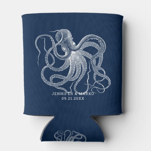 White octopus with a custom navy blue text dosenkühler (Rückseite)