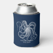 White octopus with a custom navy blue text dosenkühler (Kanne Rückseite)