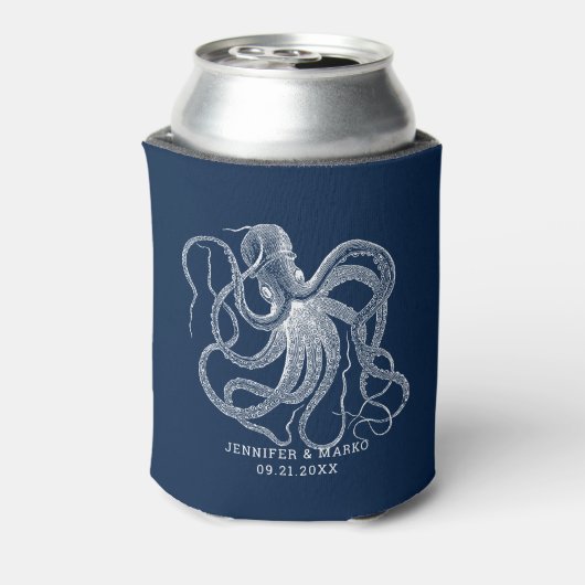 White octopus with a custom navy blue text dosenkühler (Kanne Rückseite)