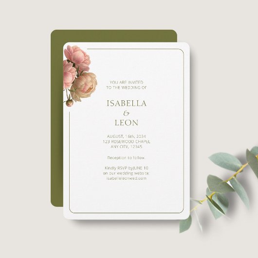 White & Olive | Blush Rose Wedding Invitation Einladung