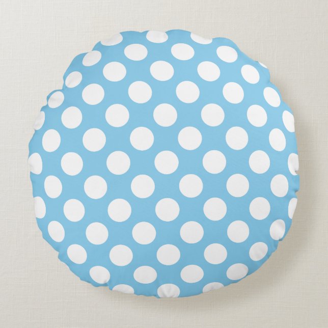 White on Baby Blue Large Size Polka Dots Rundes Kissen (Vorderseite)