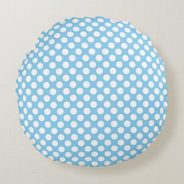White on Baby Blue Medium Size Polka Dots Rundes Kissen (Vorderseite)