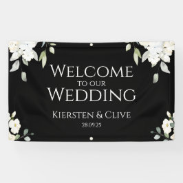 White on Black Floral Willkommen in unserem Hochze Banner