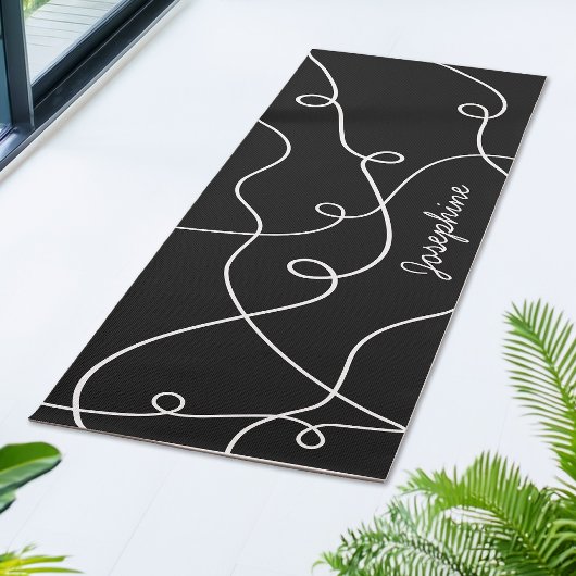 White On Black Geometric Loops Pattern And Name Yogamatte