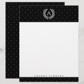 White On Black Laurel Monogram Polka Dot Pattern Briefbogen (Vorne/Hinten)
