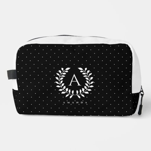 White On Black Laurel Monogram Polka Dot Pattern Waschbeutel (Vorderseite)