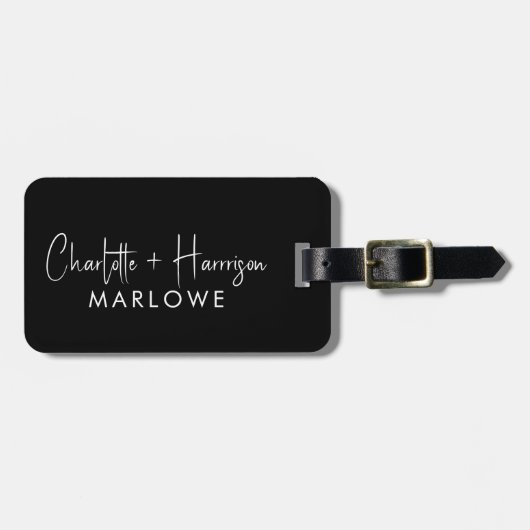 White On Black Monogram Handwritten Script Names Gepäckanhänger (Vorderseite horizontal)