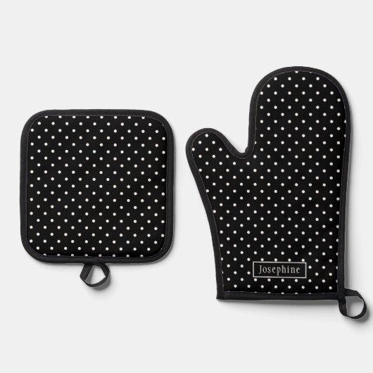 White On Black Polka Dots Pattern With Custom Name Ofenhandschuh & Topflappen-Set (Vorderseite)