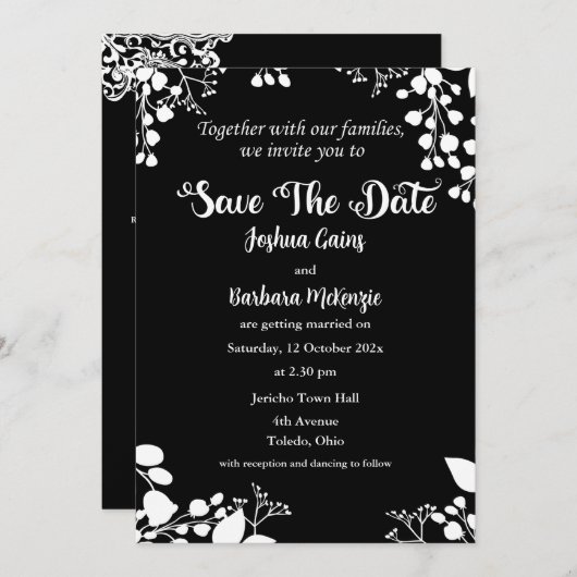 White on Black Save the Date Einladung (Vorne/Hinten)