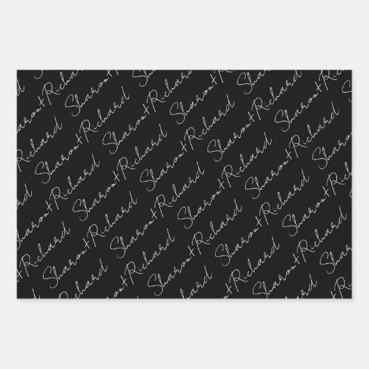 White on black script calligraphy names wedding geschenkpapier set (Vorderseite 3)