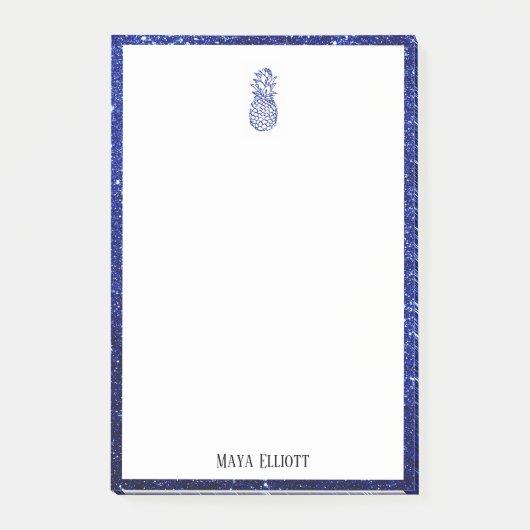 White on Blue Imitats Glitzer Ananas & Border Post-it Klebezettel (Vorderseite)