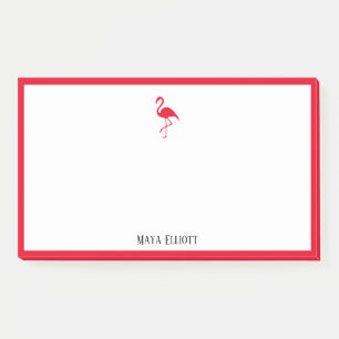 White on Bright Red Flamingo & Border mit Namen Post-it Klebezettel