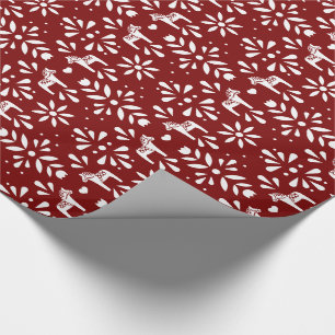 White on Dark Red Swedish Dala HorChristmas Geschenkpapier