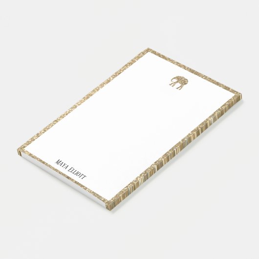 White on Gold Imitats Glitzer Elephant & Border, N Post-it Klebezettel (angewinkelt)