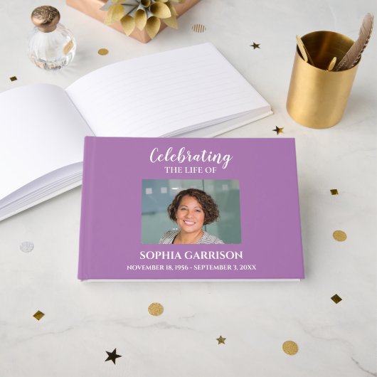 White on Lavender Feier des Lebens mit Foto Gästebuch (Vorderseite Offen)