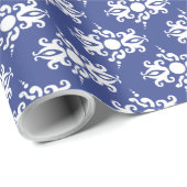 White on Navy Blue Damask v2 Geschenkpapier (Rolleneckpunkt)