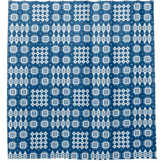 White on Navy Blue Welsh Imitats TapestPattern Duschvorhang (Vorderseite)