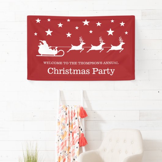 White on Red Santa Sleigh & Stars Weihnachts-Party Banner (Insitu)