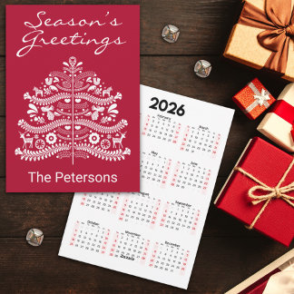 White on Red Scandinavian Christmas Tree Calendar Feiertagskarte
