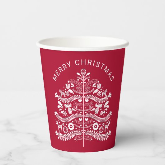 White on Red Scandinavian Christmas Tree Pappbecher (Rückseite)
