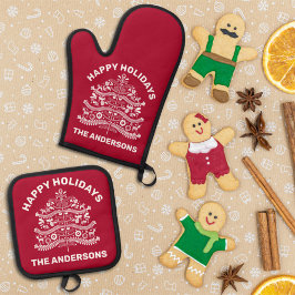 White on Red Scandinavian Folk Art Christmas Tree Ofenhandschuh & Topflappen-Set