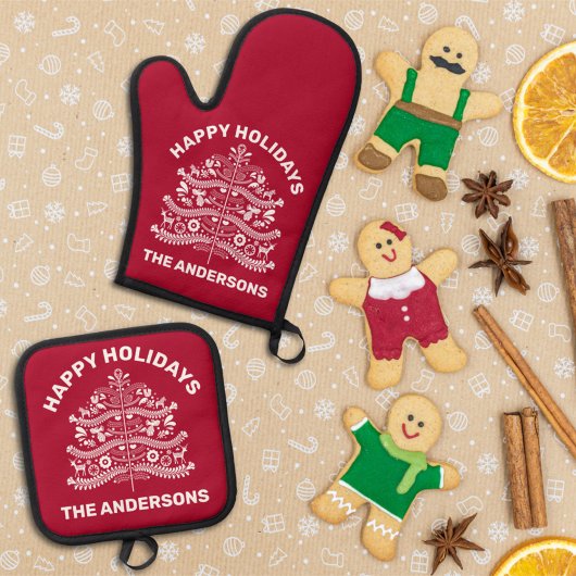 White on Red Scandinavian Folk Art Christmas Tree Ofenhandschuh & Topflappen-Set