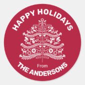 White on Red Scandinavian Folk Art Christmas Tree Runder Aufkleber (Vorderseite)