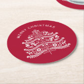 White on Red Scandinavian Folk Art Christmas Tree Runder Pappuntersetzer (Angewinkelt)