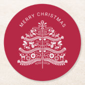 White on Red Scandinavian Folk Art Christmas Tree Runder Pappuntersetzer (Vorderseite)