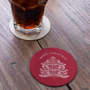 White on Red Scandinavian Folk Art Christmas Tree Runder Pappuntersetzer