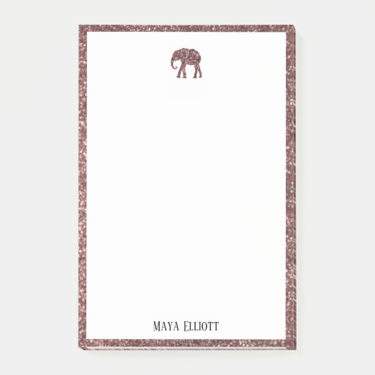 White on Rose Gold Imitate Glitzer Elephant & Bord Post-it Klebezettel (Vorderseite)