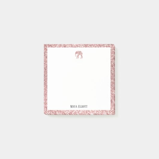 White on Rose Gold Imitate Glitzer Elephant & Bord Post-it Klebezettel (Vorderseite)