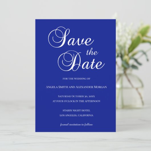 White on Royal Blue Decorative Script Save The Date (Stehend Vorderseite)