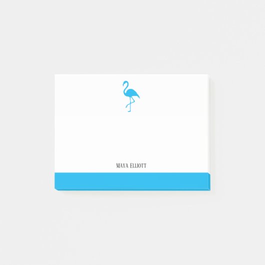 White on Sky Blue Flamingo & Border mit Namen Post-it Klebezettel (Vorderseite)