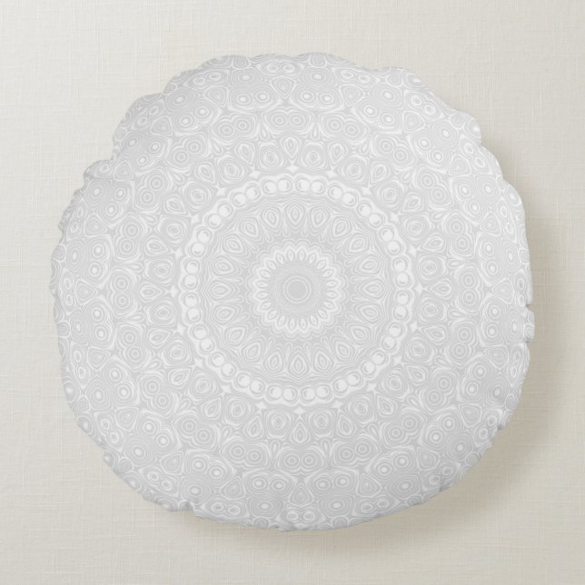 White on White Geometric Mandala Pattern Rundes Kissen (Vorderseite)