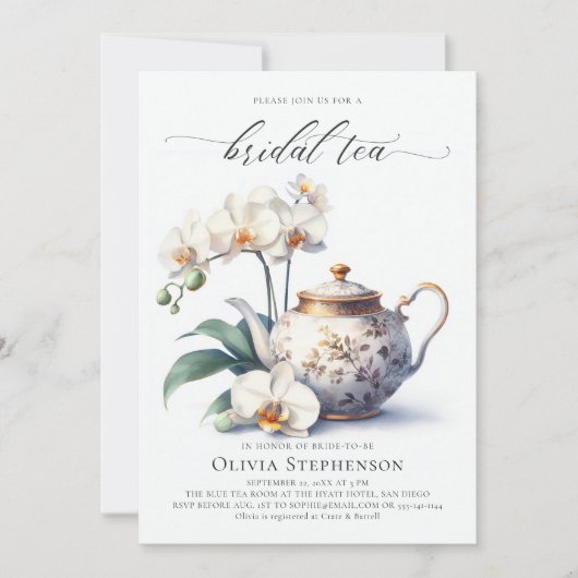 White Orchid Elegantes Set Script Bridal Tea Dusch Einladung (Vorderseite)