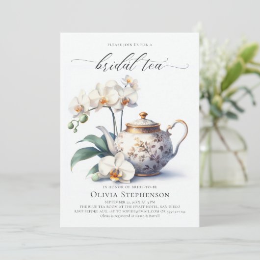 White Orchid Elegantes Set Script Bridal Tea Dusch Einladung (Stehend Vorderseite)