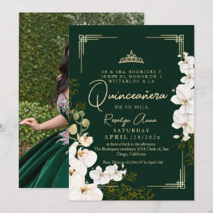 White Orchid Emerald Green Princess Quinceañera Einladung